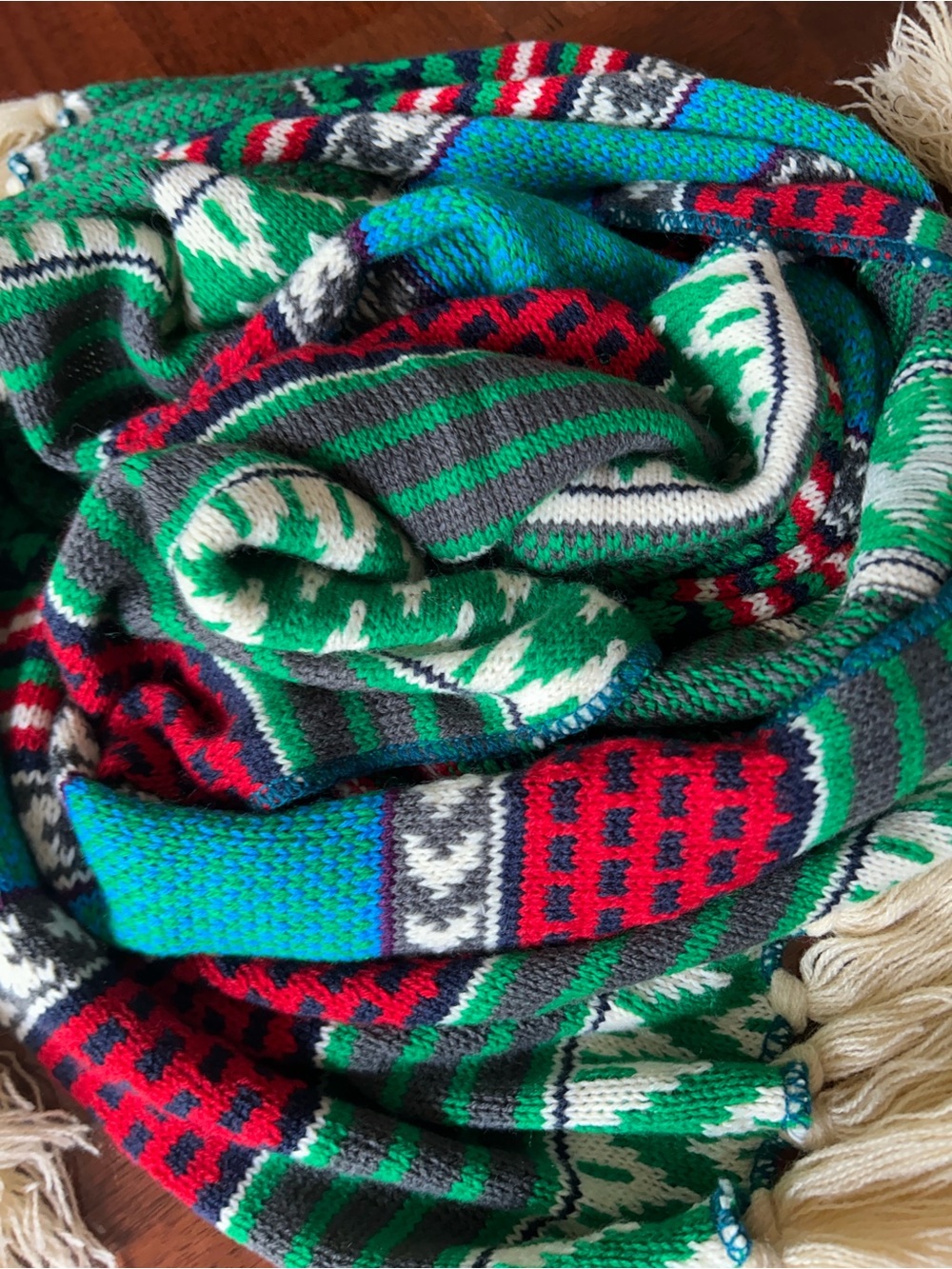Striped Knit Fringe Scarf in Green, Turquoise & Red 14” x 77” probably wool - Picture 4 of 8